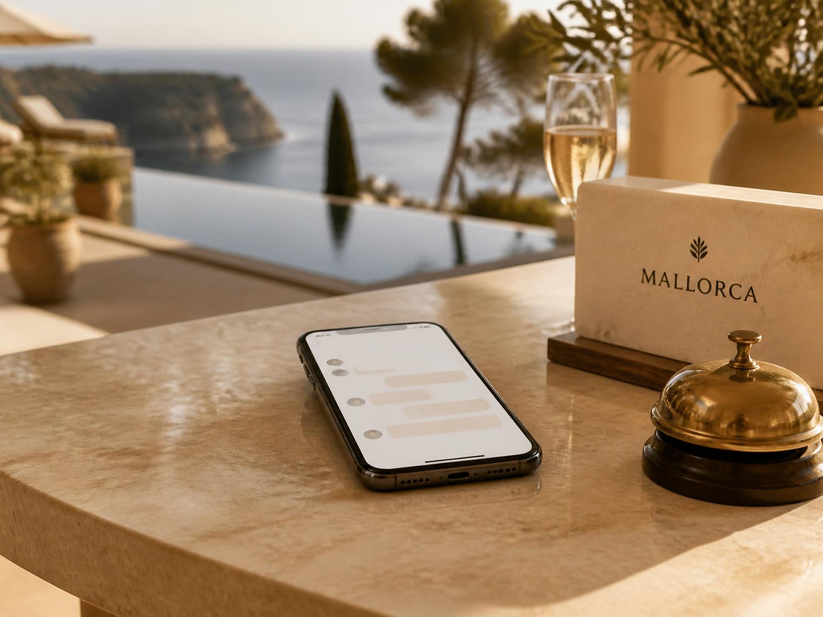 Smartphone mit Messaging-Chat auf der Rezeption eines luxuriösen Boutique-Hotels auf Mallorca